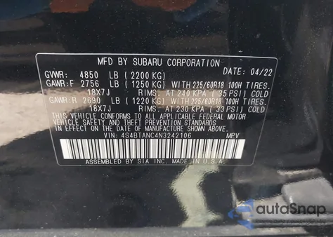 2022 Subaru Outback Limited z USA, uszkodzony, nr VIN 4S4BTANC4N3242106